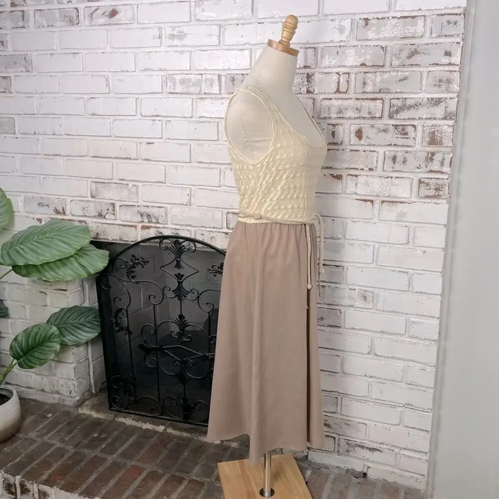 Vintage 70s Crochet Top Cream & Tan Metallic Rope Belt Pull On Midi Dress 6 - Picture 5 of 12